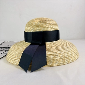 French style straw sun hat with black silk ribbon and wide brim for summer beach protection