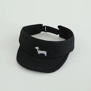 Detail of dachshund embroidery on black cotton sun visor hat with adjustable strap
