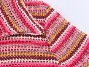 Macro detail of multi-color crochet polo set showing striped hollow wave knit texture