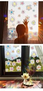 Rainbow suncatcher stickers with flower shapes creating prism light effects on glass