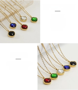 Close-up of square cut zircon pendants in five colors on 18K gold-plated stainless steel chains