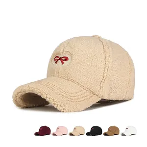 Baseball Cap Women Lamb Wool Fleece Heart Bowknot Embroidery Winter Warm Adjustable Fashion Casual Peaked Hat
