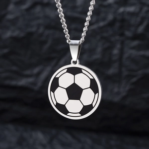 Polished stainless steel soccer pendant necklace with black enamel football patterns
