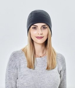 Close-up of a dark grey fleece skull cap showing soft thermal fabric and snug fit