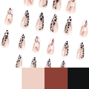 Faux ongles amande courts avec motif léopard, fleurs blanches et design French tip
