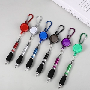 Detail view of 6 colorful retractable ballpoint pens with carabiners and non-slip grips
