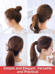 Elastic black hair ties used in ponytail and bun styles on a young female model