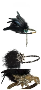 Detailed views of vintage 1920s flapper headbands with feathers, sequins and crystals