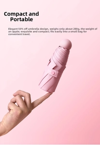 Lightweight pink 5-fold capsule umbrella weighing 280g balanced on a finger for detail