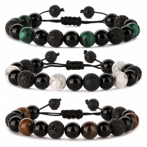 Natural Lava Stone Beaded Bracelet Handmade Adjustable Woven Rope Retro Ethnic Style Jewelry For Men And Women