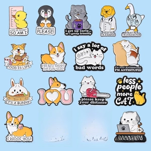 Collection of 16 cute cartoon animal enamel pins with funny quotes on a blue background
