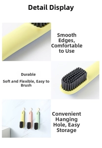 Detail of soft bristles and hanging hole on colorful long handle cleaning brushes
