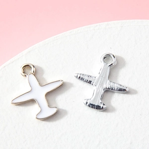 Cartoon airplane alloy pendants with white enamel finish and silver brushed metal detail