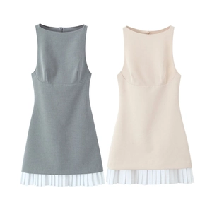 Robe Sans Manches Polyester Tissé Ourlet Plissé Patchwork Ligne A Élégante Minimaliste Couleur Unie Fermeture Éclair Femmes