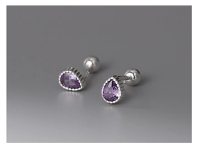 Detailed view of purple teardrop cubic zirconia earrings with secure screw back closure