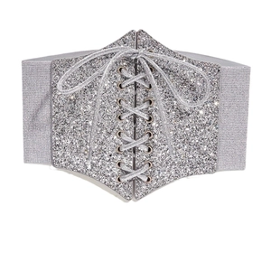 Sparkly silver sequin wide elastic corset belt with lace-up ties for dresses and shirts
