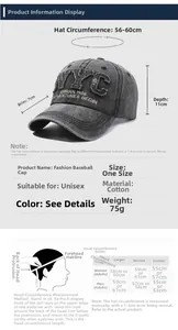 Size chart for vintage cotton baseball cap featuring NYC embroidery and measurements