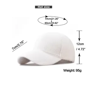 Detailed size guide for faux rabbit fur baseball cap showing head circumference and brim