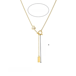 Gold-plated stainless steel OT buckle necklace with heart and bar charms on white background