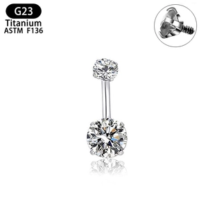 G23 titanium navel ring with F136 standard and four-prong set round cubic zirconia