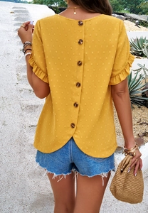 Detail view of yellow polka dot chiffon top with back button closure and ruffle sleeves