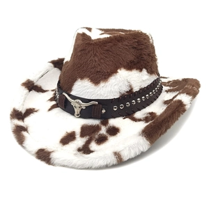 Western cow print cowboy hat with plush texture, leather band and bull head ornament