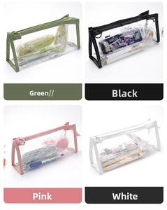Detail view of large transparent pencil cases in green, black, pink, and white borders
