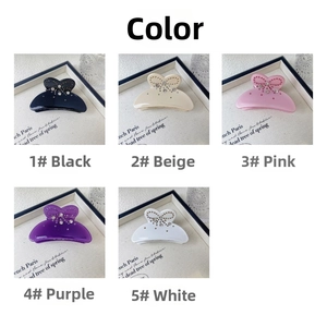 Collection of rhinestone bow hair claws in black, beige, pink, purple, and white colors