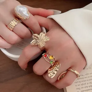 Alloy Rings With Baroque Imitation Artificial Pearl Flower And Colorful Stones Vintage French Style Jewelry For Women
