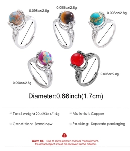 Detailansicht des 5-teiligen Retro-Kupferring-Sets mit bunten Steinen und Blumendesign
