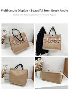 Detail view of large linen tote bag with fringe trim, tassels, and Mama lettering
