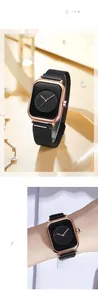 Detail of elegant square rose gold watch with black stainless steel mesh belt strap