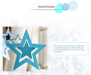 Detail of light blue glitter hollow star ornaments made from premium 250g thick paper card
