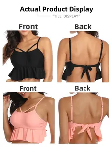 Front and back detail of ruffled tankini swim top with cross-straps and back bow tie