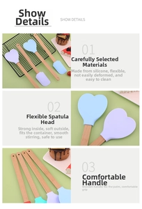 Detail view of heart-shaped silicone spatulas with natural beech wood handles for baking