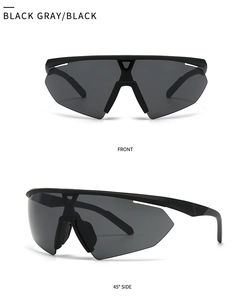Front and side view of black wrap-around sports sunglasses with polarized grey lenses