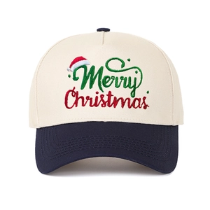 Retro five-panel Christmas baseball cap with Merry Christmas embroidery and contrast brim