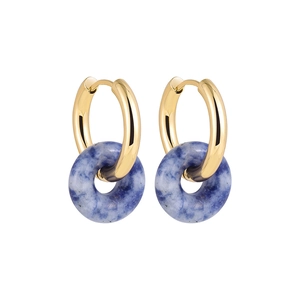 Macro detail of 18K gold hoop earrings with natural blue stone donut-shaped pendants