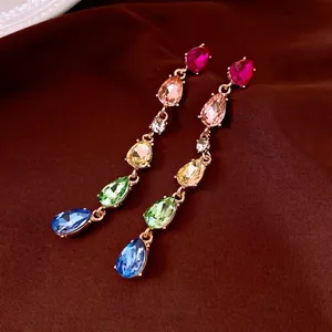 Boucles Oreilles Longues À Pampilles En Strass Colorés Goutte Eau Avec Tige Argent Style Palais Français Bijoux Alliage Mode Femme