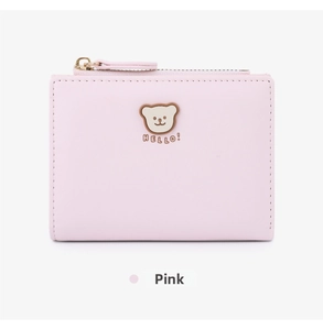 Detailed close-up of pink cute bear short wallet with smooth PU leather and gold zipper
