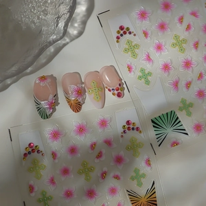 Detail of 3D gradient flower nail stickers with green cross and rhinestones for DIY art