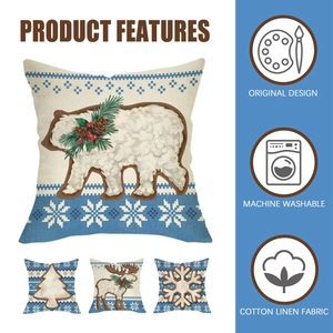 Detailed view of the Christmas cotton linen pillowcase with polar bear and reindeer prints