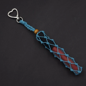 Handmade peacock blue woven lipstick holder with silver heart clasp and wooden bead charm