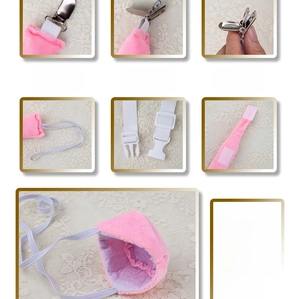 Detailed close-up showing elastic, buckle, and velcro straps of pink plush nose warmer