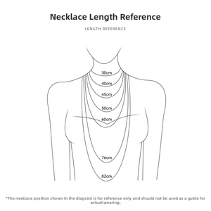 Detailed necklace length reference guide showing 30cm to 82cm positions on a female model