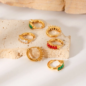 Gold-plated stainless steel hoop earrings with colorful rectangular zircon inlays