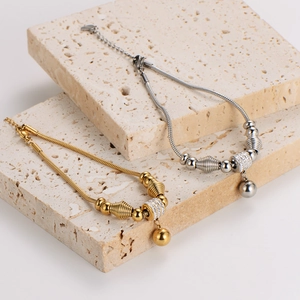 304 Stainless Steel Snake Chain Bracelet With Round Beads Rhinestone Charm Minimalist Sweet Daily Jewelry For Women