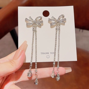 Elegant 925 silver bow tassel earrings with zircon crystals for women fashion