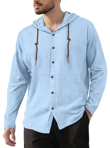 Detail of light blue cotton hoodie shirt featuring dark brown buttons and drawstring