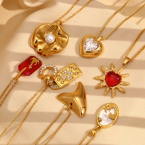 Vintage 18K gold plated stainless steel necklace collection with red agate and pearls